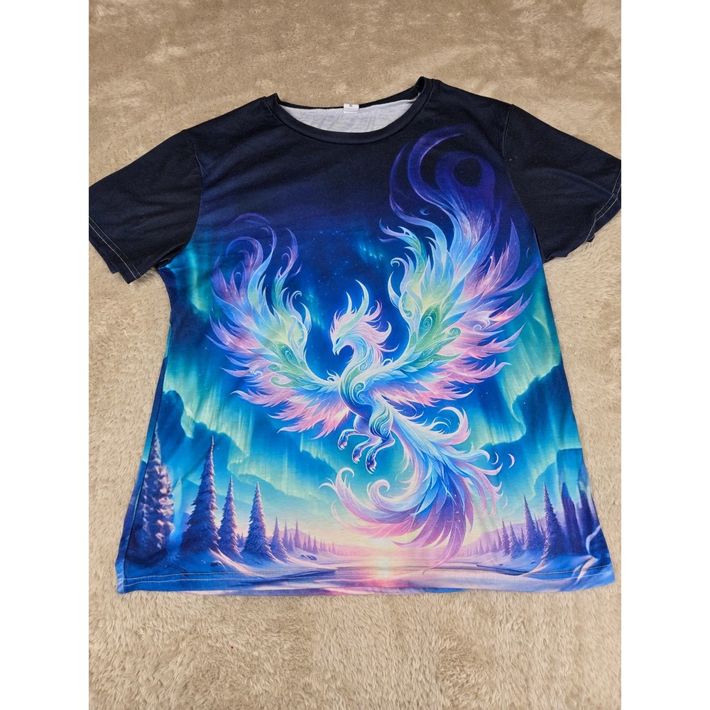 Phoenix Northern Lights Graphic T-Shirt Blue Purple Fantasy Art Tee Medium‎